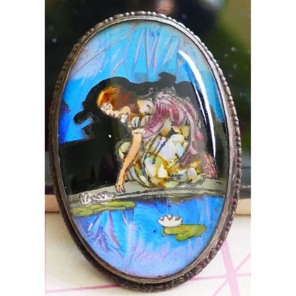 Antique English Butterfly Wing Hand Painted Brooch Sterling Frame Pat Aug 1924 - Picture 4 of 8
